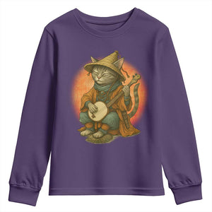 Japanese Samurai Cat Youth Sweatshirt Retro Cat Playing Shamisen Art TS14 Purple Print Your Wear