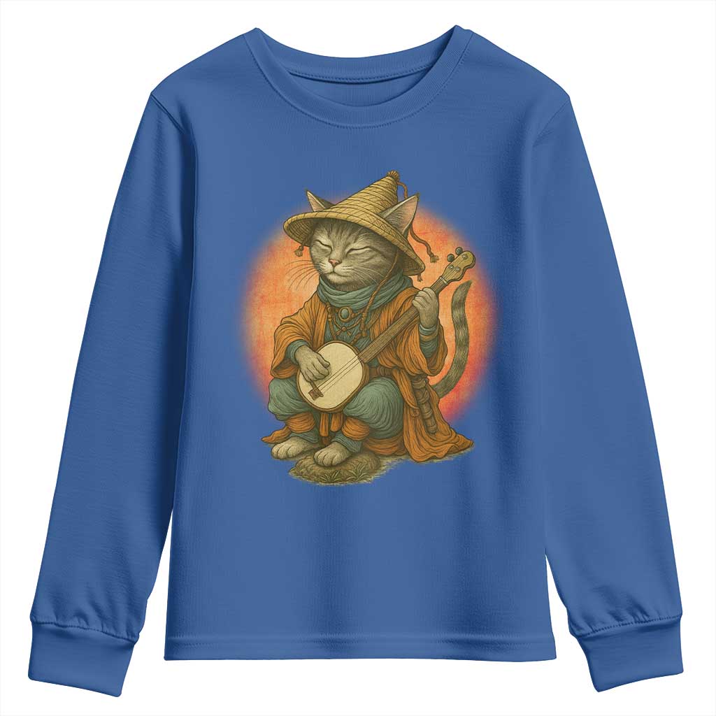 Japanese Samurai Cat Youth Sweatshirt Retro Cat Playing Shamisen Art TS14 Royal Blue Print Your Wear