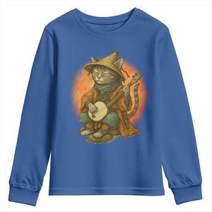 Japanese Samurai Cat Youth Sweatshirt Retro Cat Playing Shamisen Art TS14 Royal Blue Print Your Wear