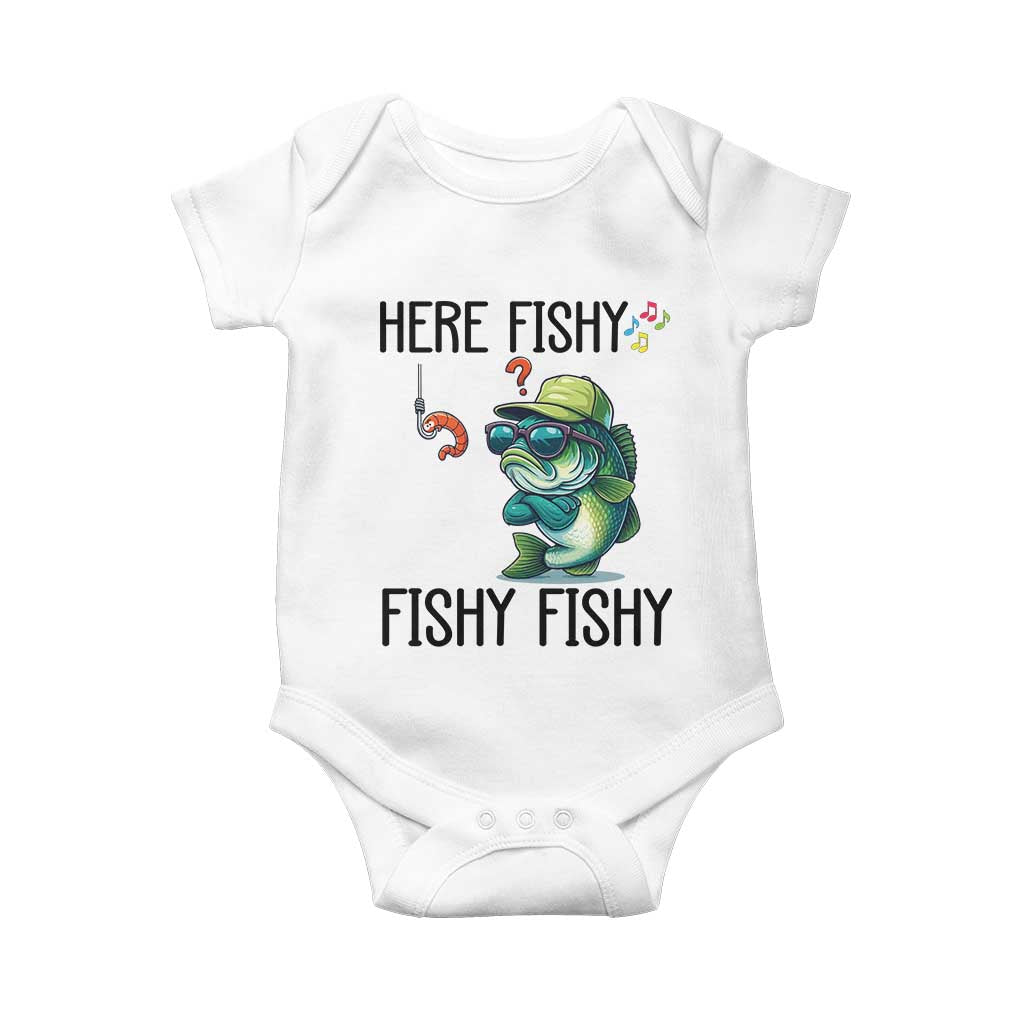 Funny Bass Fish Baby Onesie Here Fishy Fishy Fisherman Fishing Lover TS14 White Print Your Wear