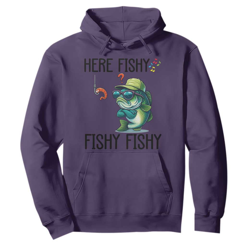 Funny Bass Fish Hoodie Here Fishy Fishy Fisherman Fishing Lover TS14 Purple Print Your Wear