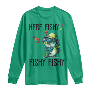 Funny Bass Fish Long Sleeve Shirt Here Fishy Fishy Fisherman Fishing Lover TS14 Irish Green Print Your Wear