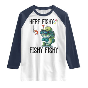 Funny Bass Fish Raglan Shirt Here Fishy Fishy Fisherman Fishing Lover TS14 White Navy Print Your Wear