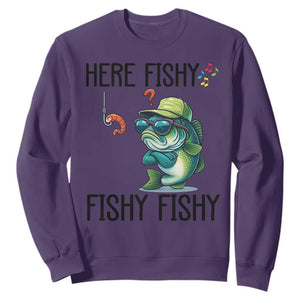 Funny Bass Fish Sweatshirt Here Fishy Fishy Fisherman Fishing Lover TS14 Purple Print Your Wear