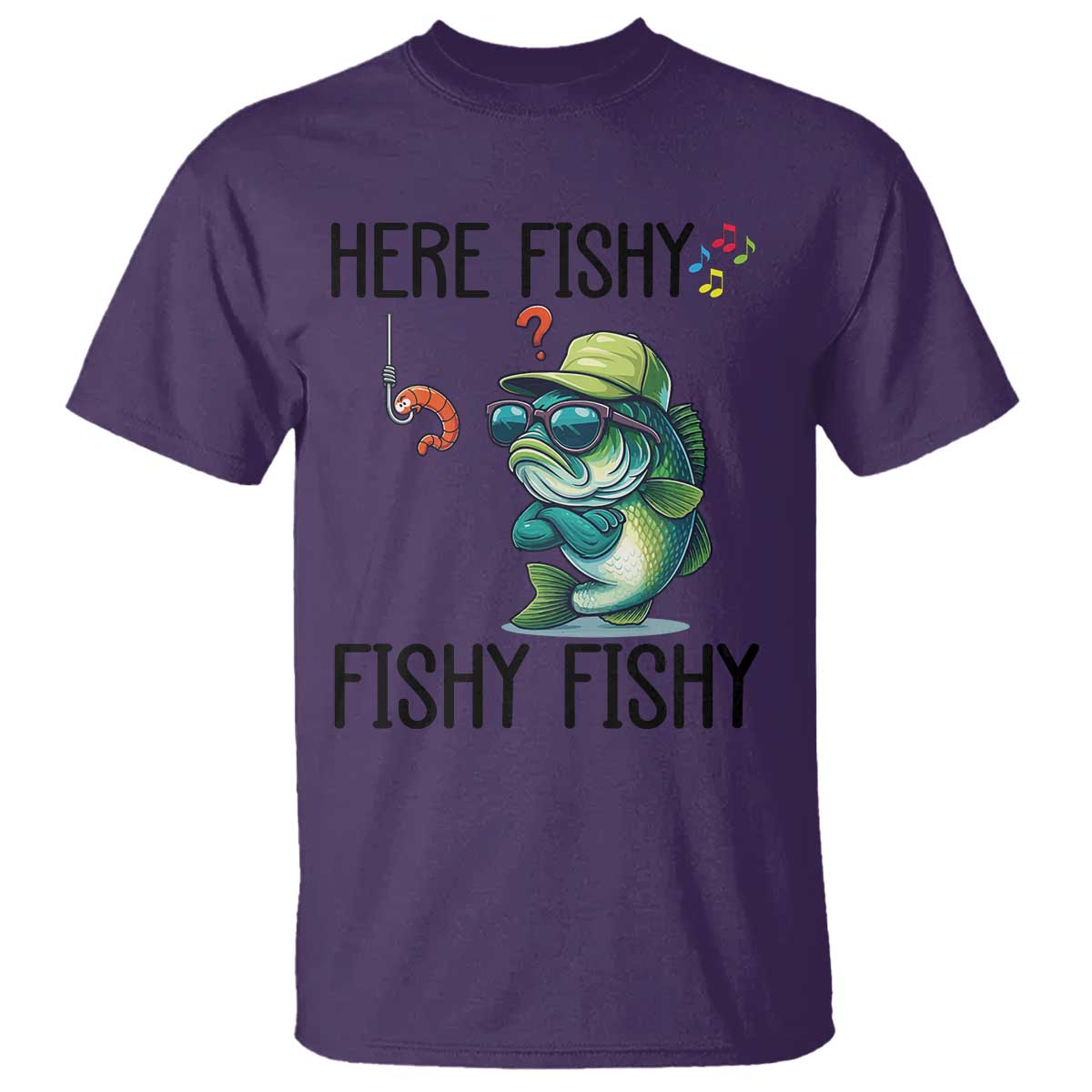 Funny Bass Fish T Shirt Here Fishy Fishy Fisherman Fishing Lover TS14 Purple Print Your Wear
