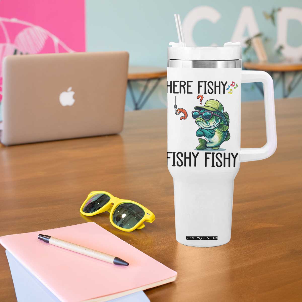 Funny Bass Fish Tumbler With Handle Here Fishy Fishy Fisherman Fishing Lover TS14 Print Your Wear