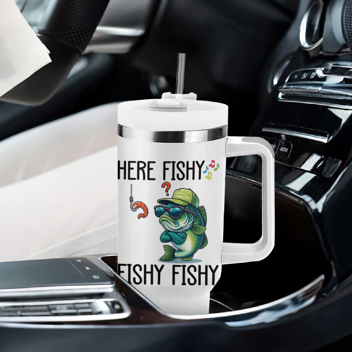 Funny Bass Fish Tumbler With Handle Here Fishy Fishy Fisherman Fishing Lover TS14 Print Your Wear