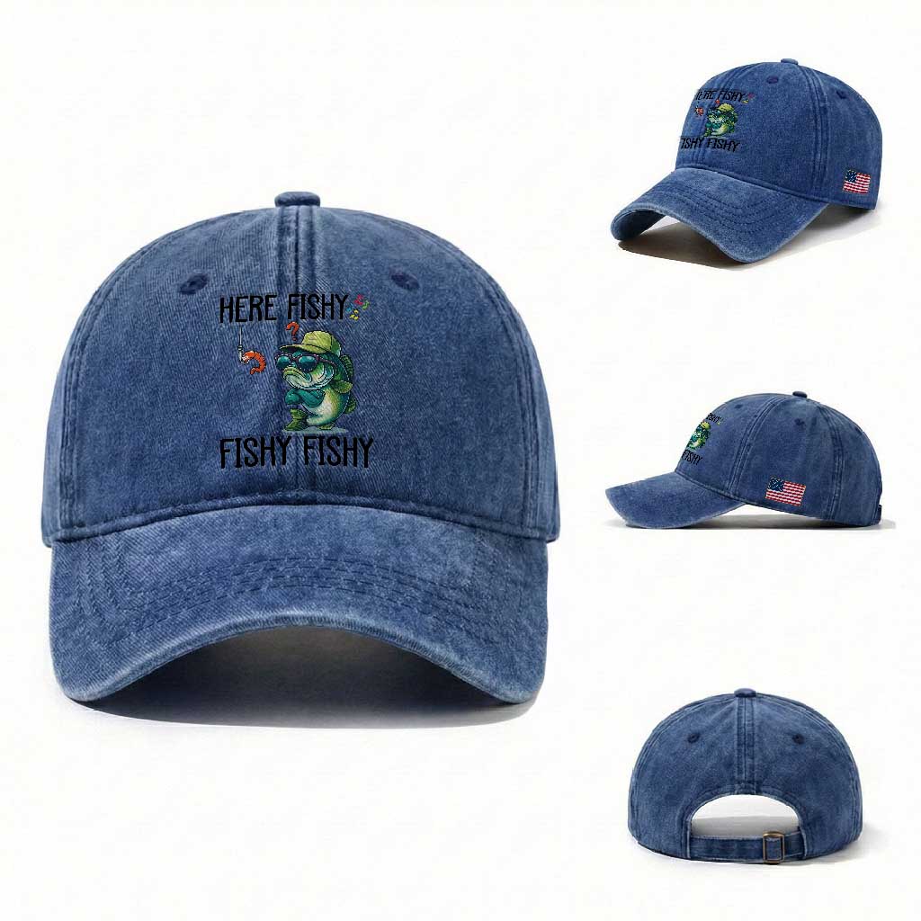 Funny Bass Fish Washed Cotton Baseball Cap Here Fishy Fishy Fisherman Fishing Lover TS14 Washed Cap Universal Fit Royal Blue Print Your Wear