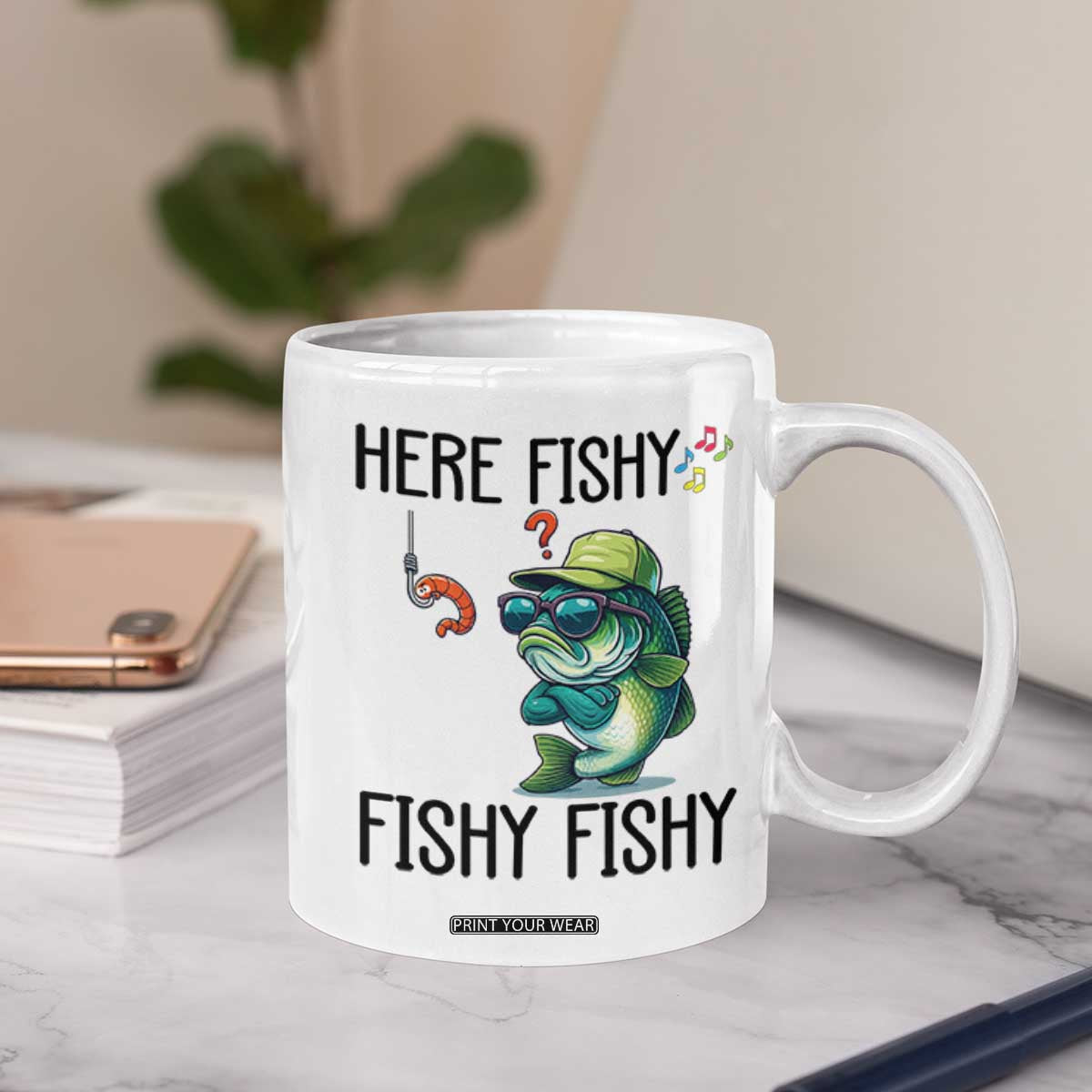 Funny Bass Fish Coffee Mug Here Fishy Fishy Fisherman Fishing Lover TS14 Print Your Wear