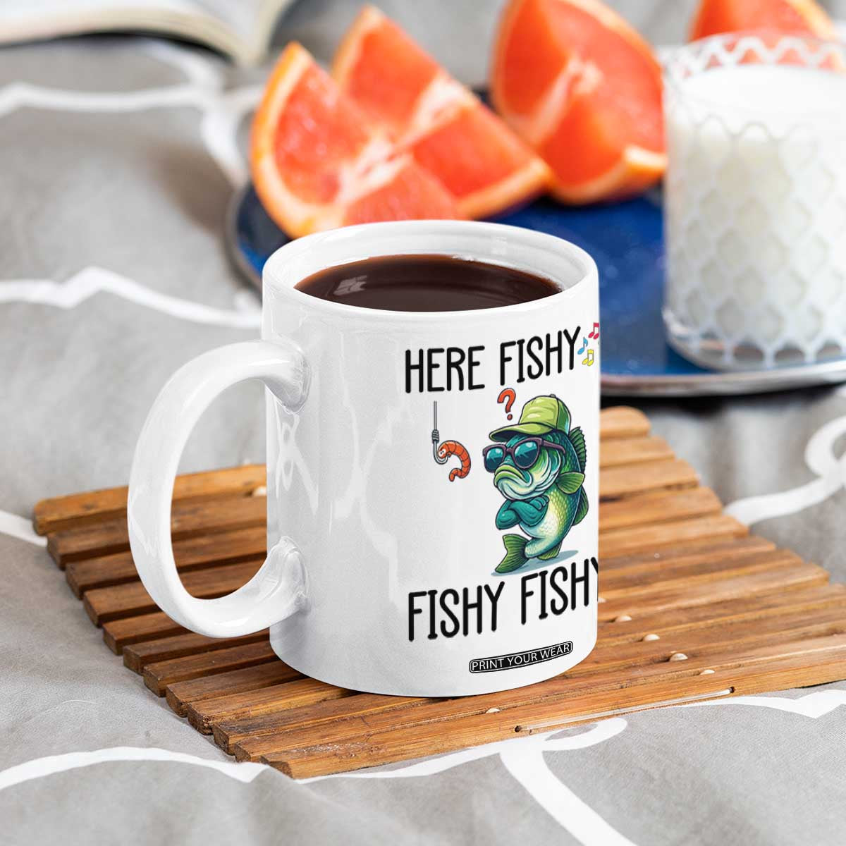 Funny Bass Fish Coffee Mug Here Fishy Fishy Fisherman Fishing Lover TS14 Print Your Wear