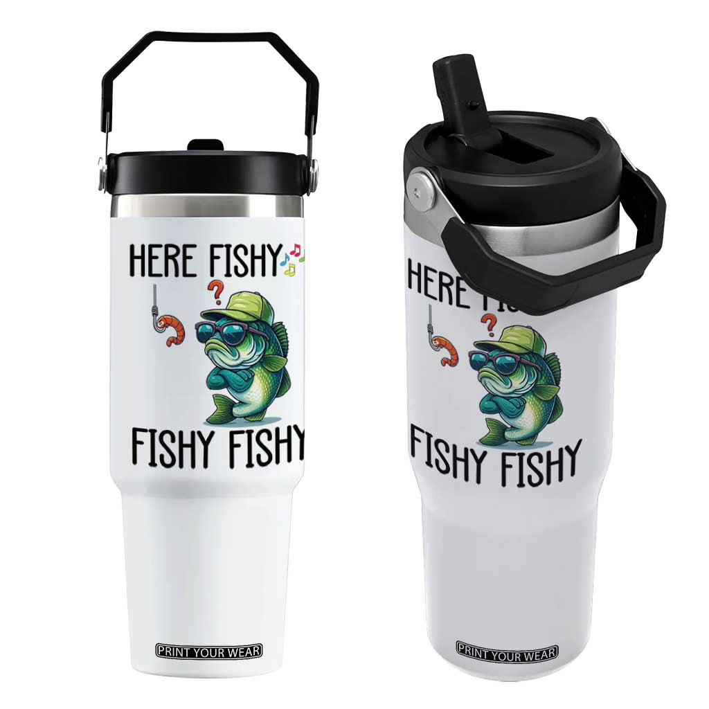 Funny Bass Fish Flip Straw Tumbler Here Fishy Fishy Fisherman Fishing Lover TS14 One Size: 30 oz White Print Your Wear