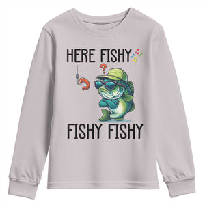Funny Bass Fish Youth Sweatshirt Here Fishy Fishy Fisherman Fishing Lover TS14 Ice Gray Print Your Wear