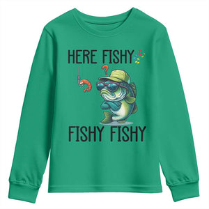 Funny Bass Fish Youth Sweatshirt Here Fishy Fishy Fisherman Fishing Lover TS14 Irish Green Print Your Wear