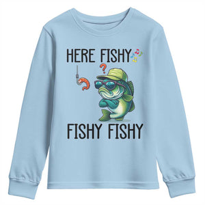 Funny Bass Fish Youth Sweatshirt Here Fishy Fishy Fisherman Fishing Lover TS14 Light Blue Print Your Wear