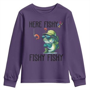 Funny Bass Fish Youth Sweatshirt Here Fishy Fishy Fisherman Fishing Lover TS14 Purple Print Your Wear