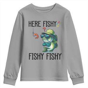 Funny Bass Fish Youth Sweatshirt Here Fishy Fishy Fisherman Fishing Lover TS14 Sport Gray Print Your Wear