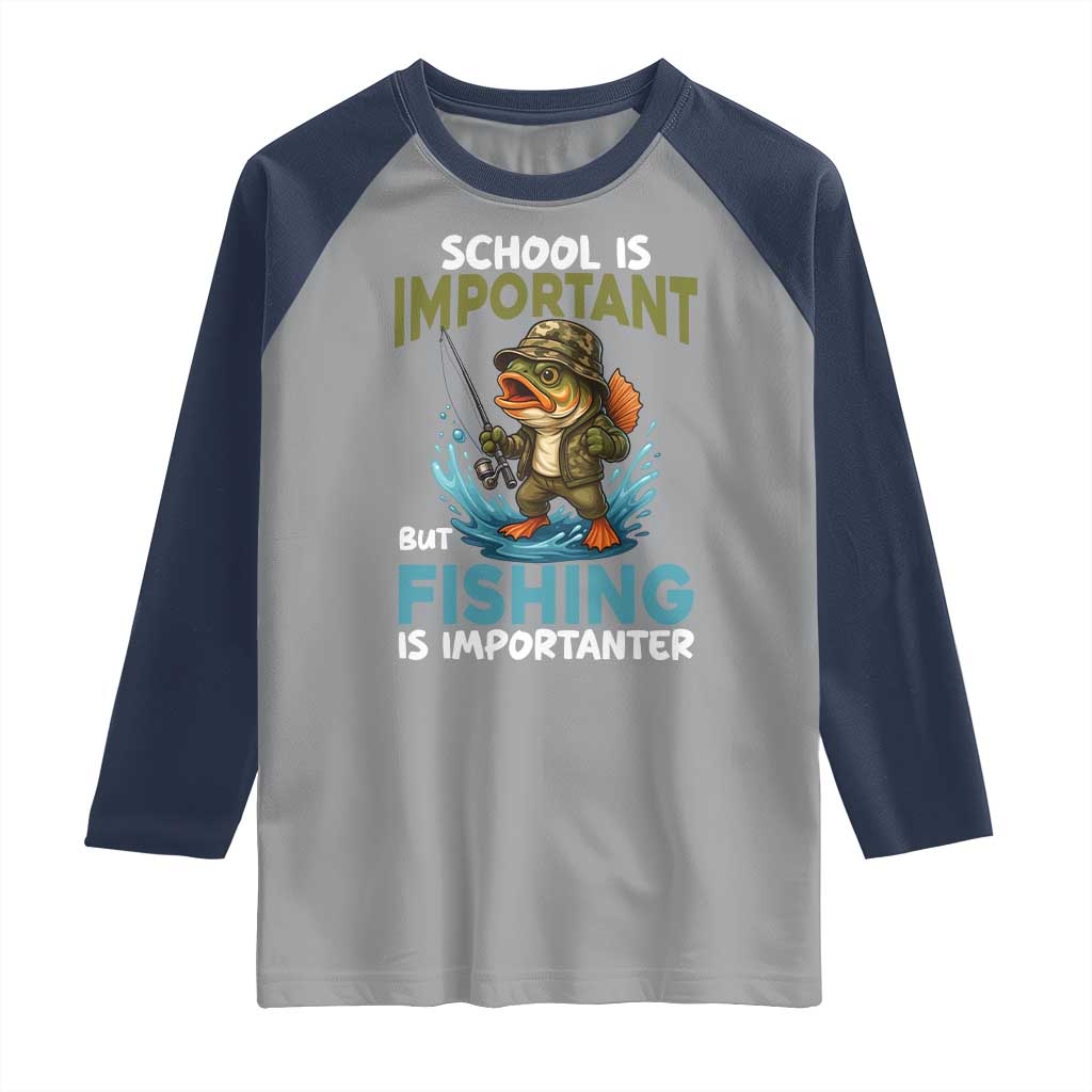 School Is Important But Fishing Is Important Raglan Shirt Funny Bass Fishing TS14 Sport Gray Navy Print Your Wear