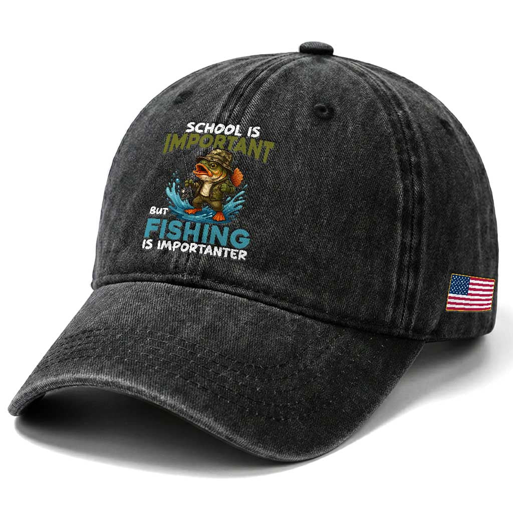 School Is Important But Fishing Is Important Washed Cotton Baseball Cap Funny Bass Fishing TS14 Print Your Wear