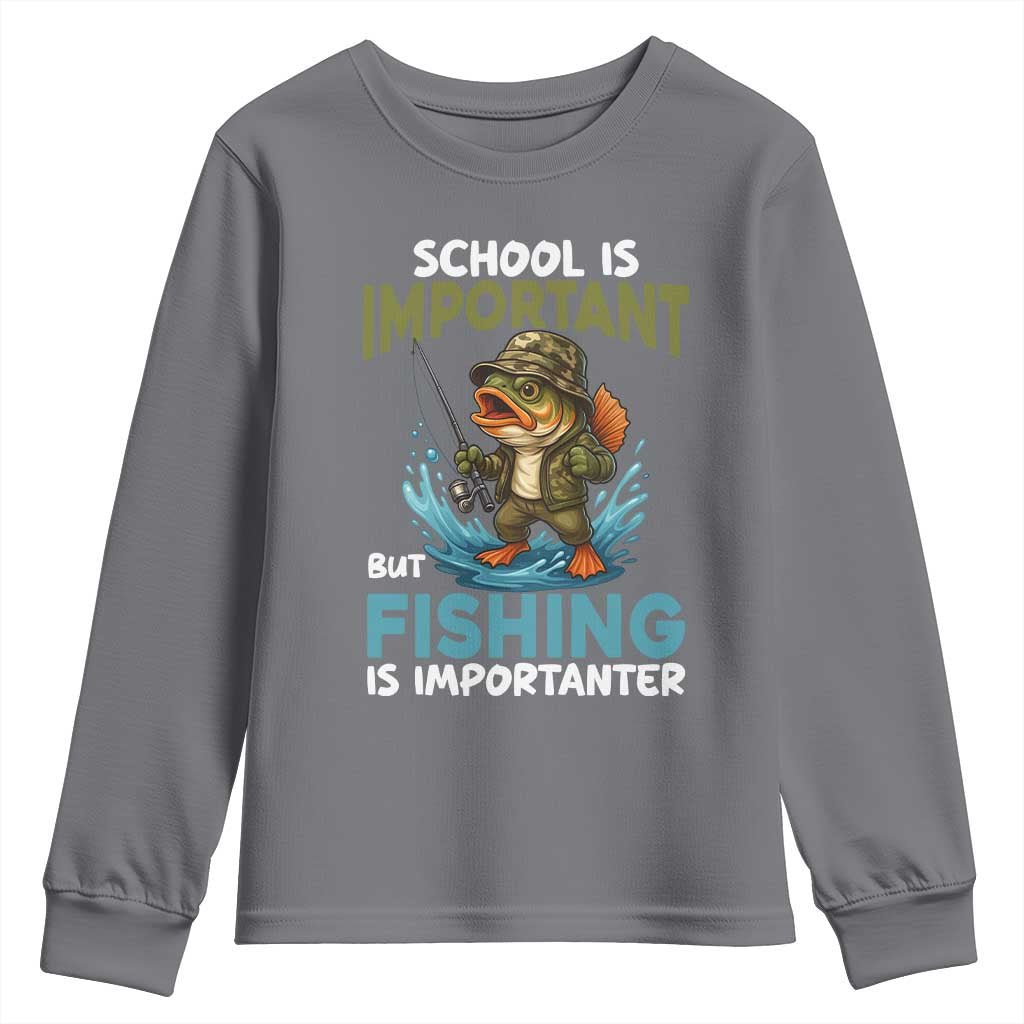 School Is Important But Fishing Is Important Youth Sweatshirt Funny Bass Fishing TS14 Charcoal Print Your Wear