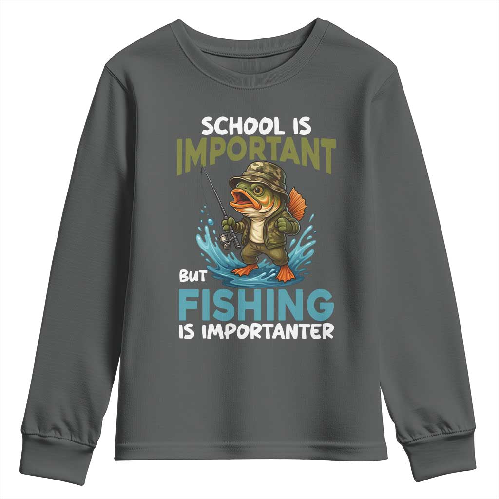 School Is Important But Fishing Is Important Youth Sweatshirt Funny Bass Fishing TS14 Dark Heather Print Your Wear