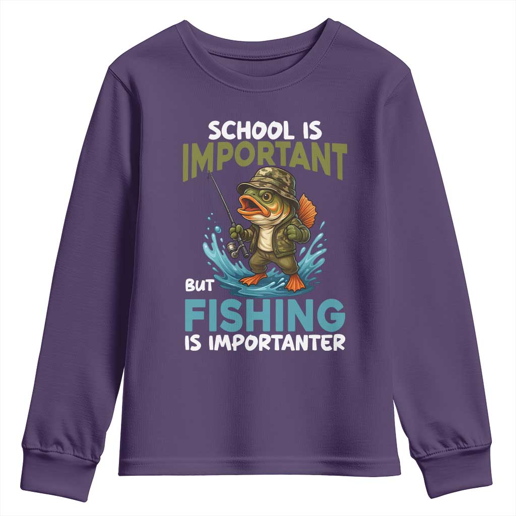 School Is Important But Fishing Is Important Youth Sweatshirt Funny Bass Fishing TS14 Purple Print Your Wear