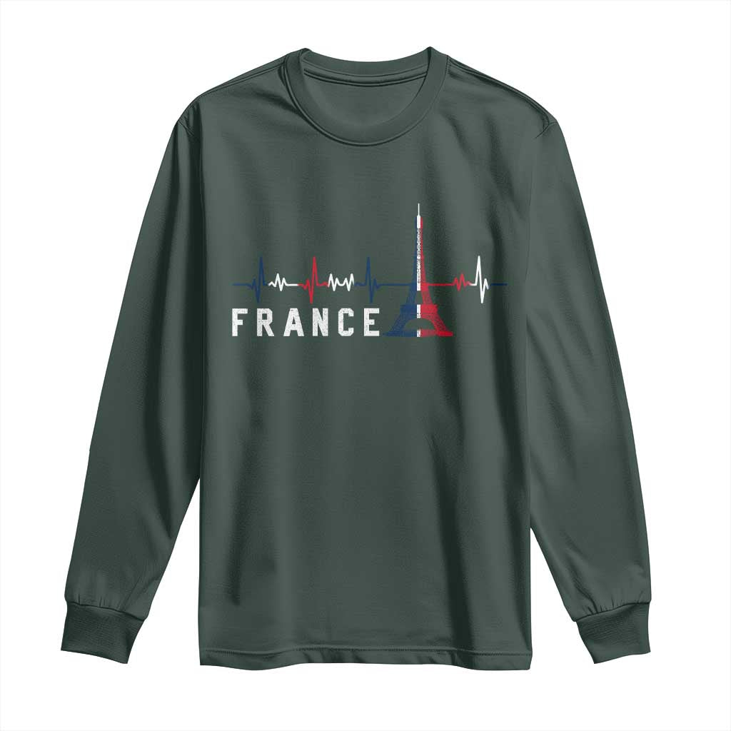 France Paris Heartbeat French Flag Eiffel Tower Souvenir Gift Long Sleeve Shirt TS14 Dark Forest Green Print Your Wear