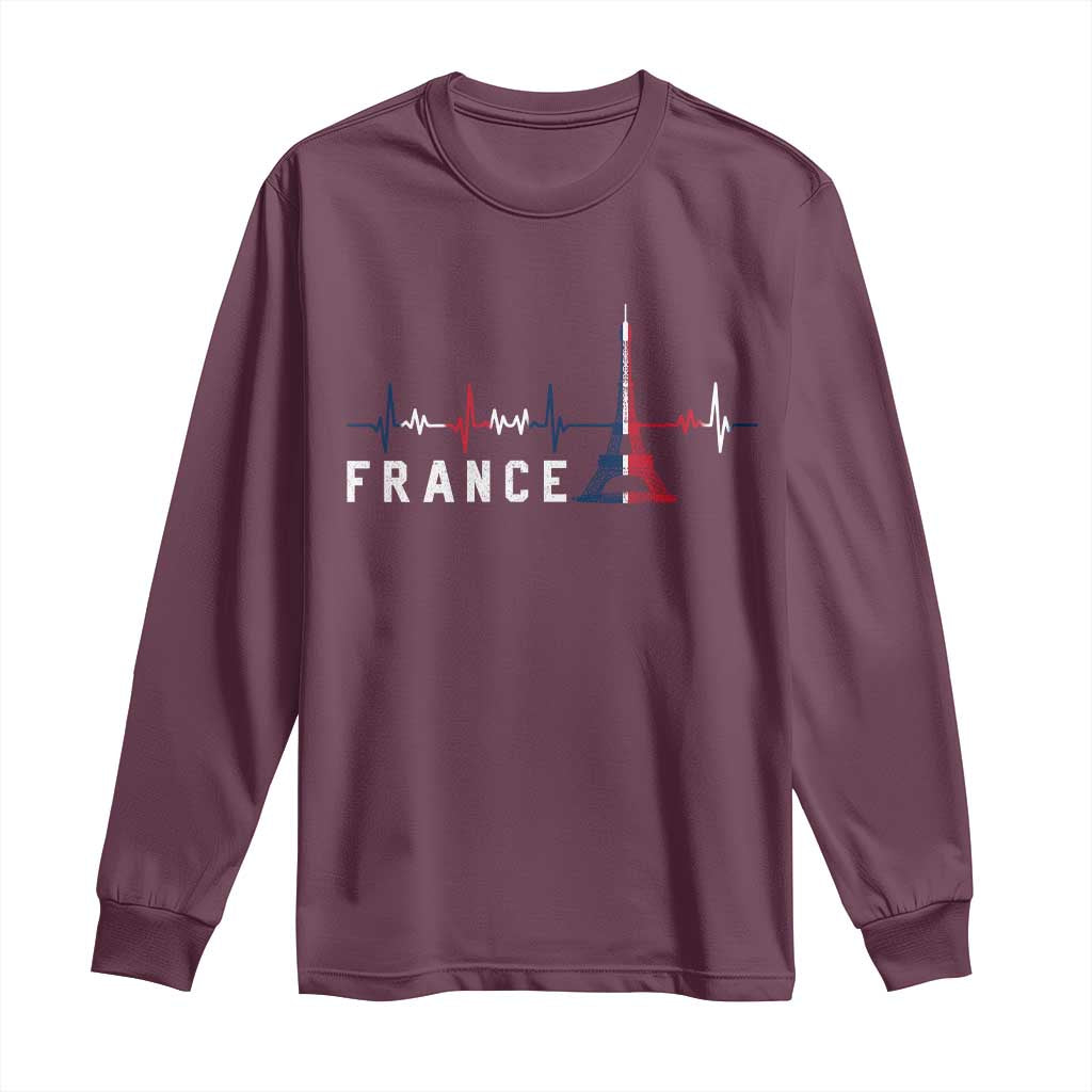 France Paris Heartbeat French Flag Eiffel Tower Souvenir Gift Long Sleeve Shirt TS14 Maroon Print Your Wear