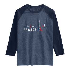 France Paris Heartbeat French Flag Eiffel Tower Souvenir Gift Raglan Shirt TS14 Heather Denim Navy Print Your Wear