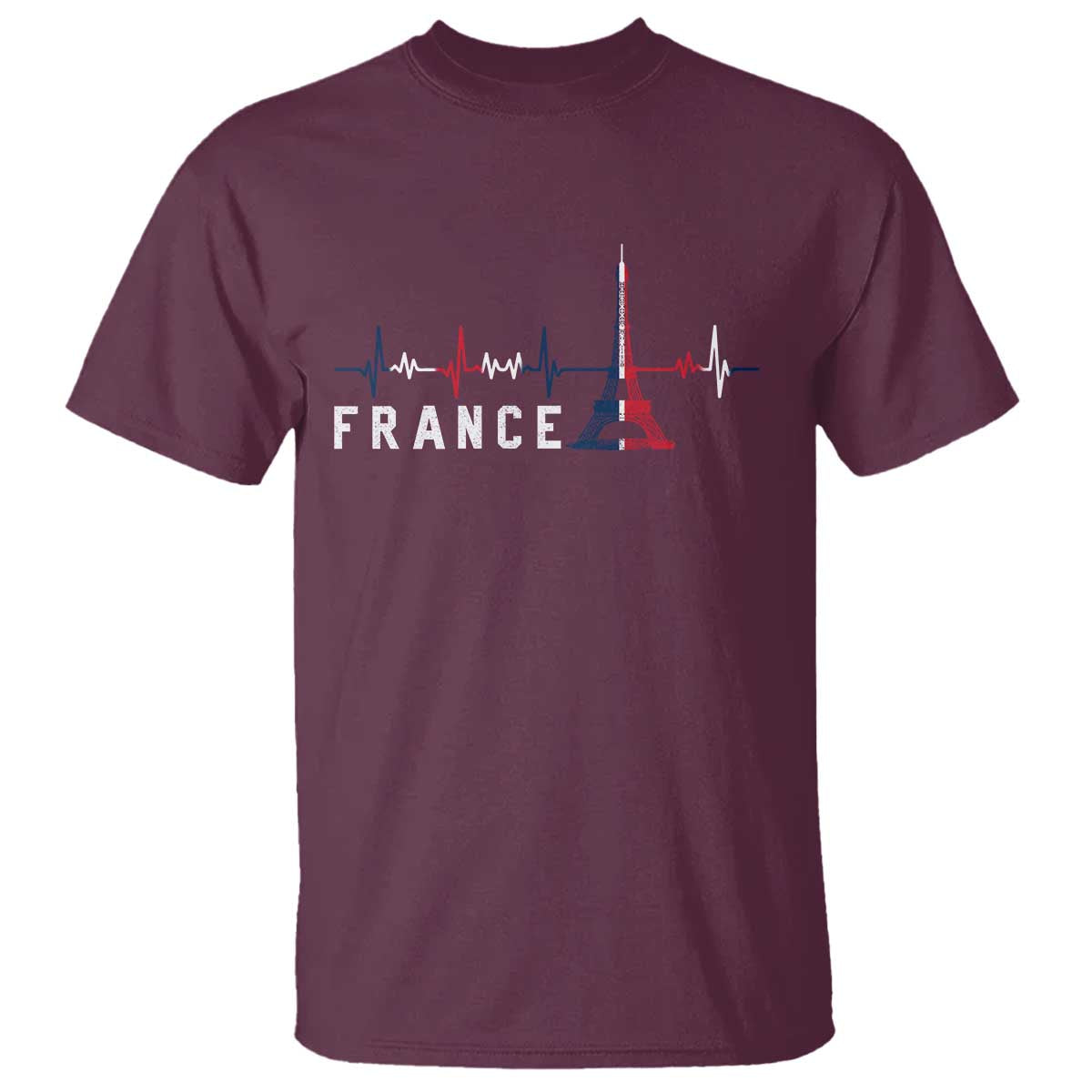 France Paris Heartbeat French Flag Eiffel Tower Souvenir Gift T Shirt TS14 Maroon Print Your Wear