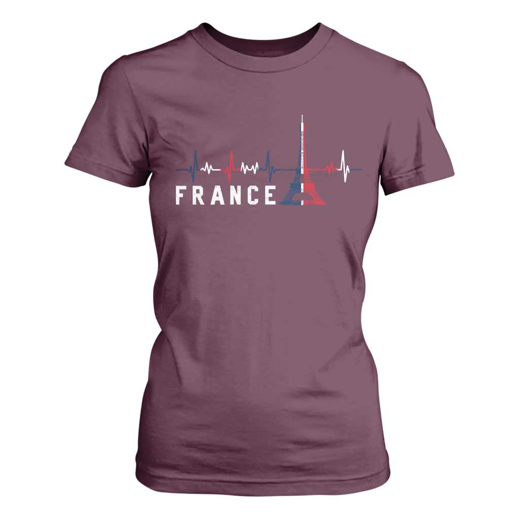 France Paris Heartbeat French Flag Eiffel Tower Souvenir Gift T Shirt For Women TS14 Maroon Print Your Wear
