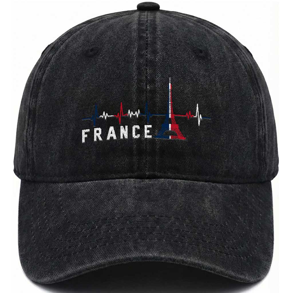 France Paris Heartbeat French Flag Eiffel Tower Souvenir Gift Washed Cotton Baseball Cap TS14 Print Your Wear
