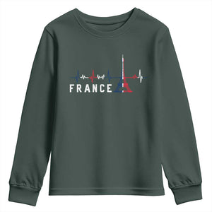 France Paris Heartbeat French Flag Eiffel Tower Souvenir Gift Youth Sweatshirt TS14 Dark Forest Green Print Your Wear
