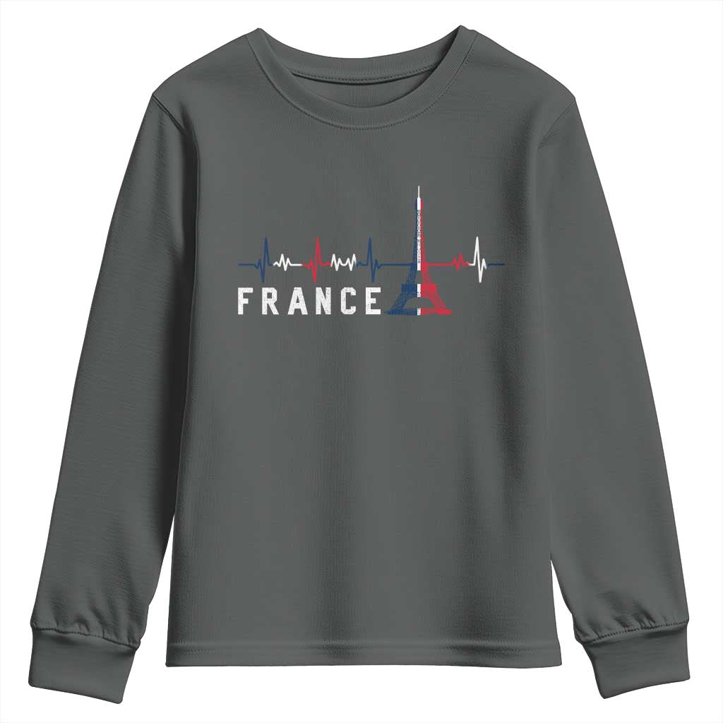 France Paris Heartbeat French Flag Eiffel Tower Souvenir Gift Youth Sweatshirt TS14 Dark Heather Print Your Wear