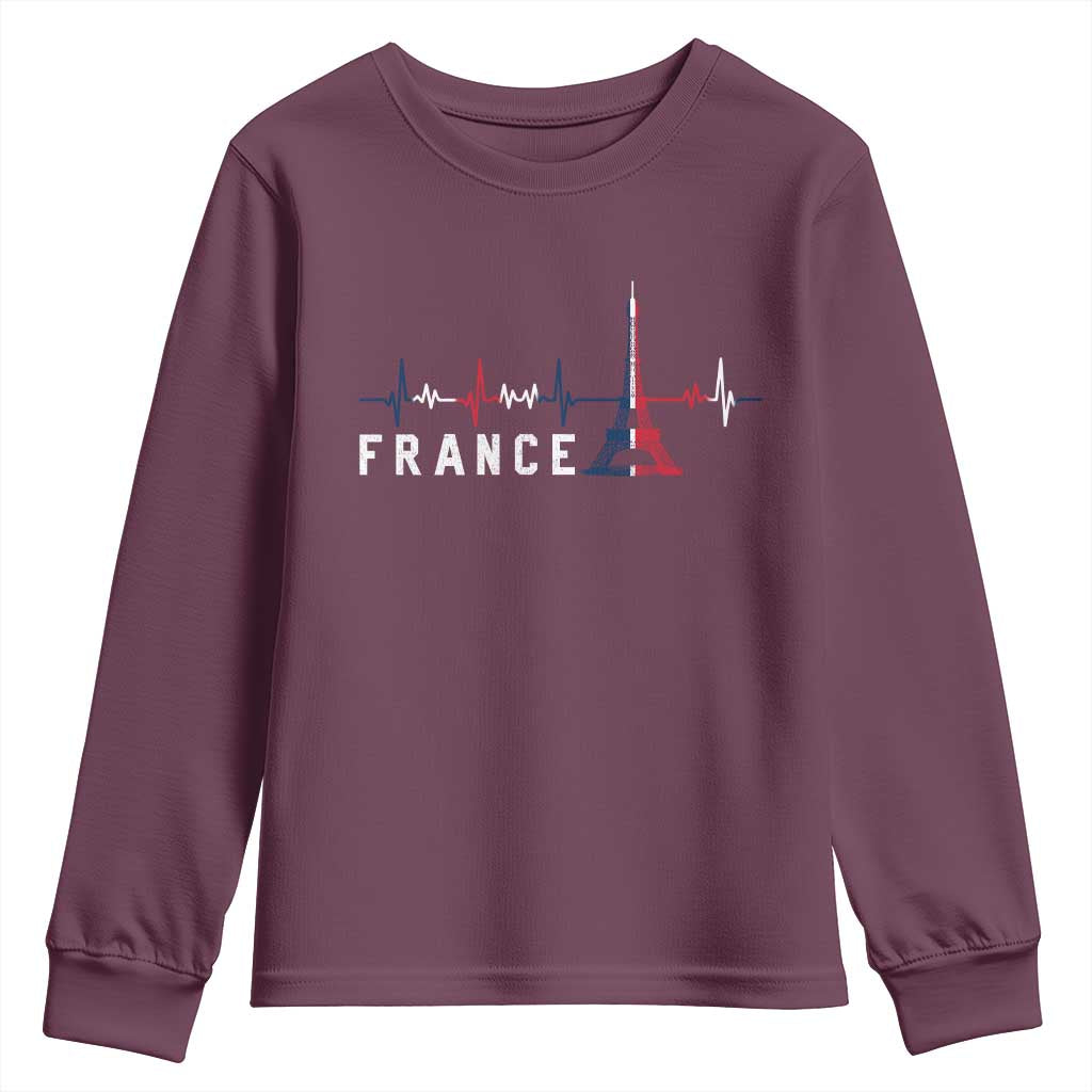 France Paris Heartbeat French Flag Eiffel Tower Souvenir Gift Youth Sweatshirt TS14 Maroon Print Your Wear
