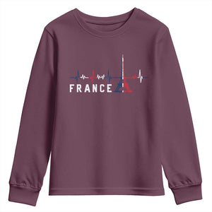 France Paris Heartbeat French Flag Eiffel Tower Souvenir Gift Youth Sweatshirt TS14 Maroon Print Your Wear