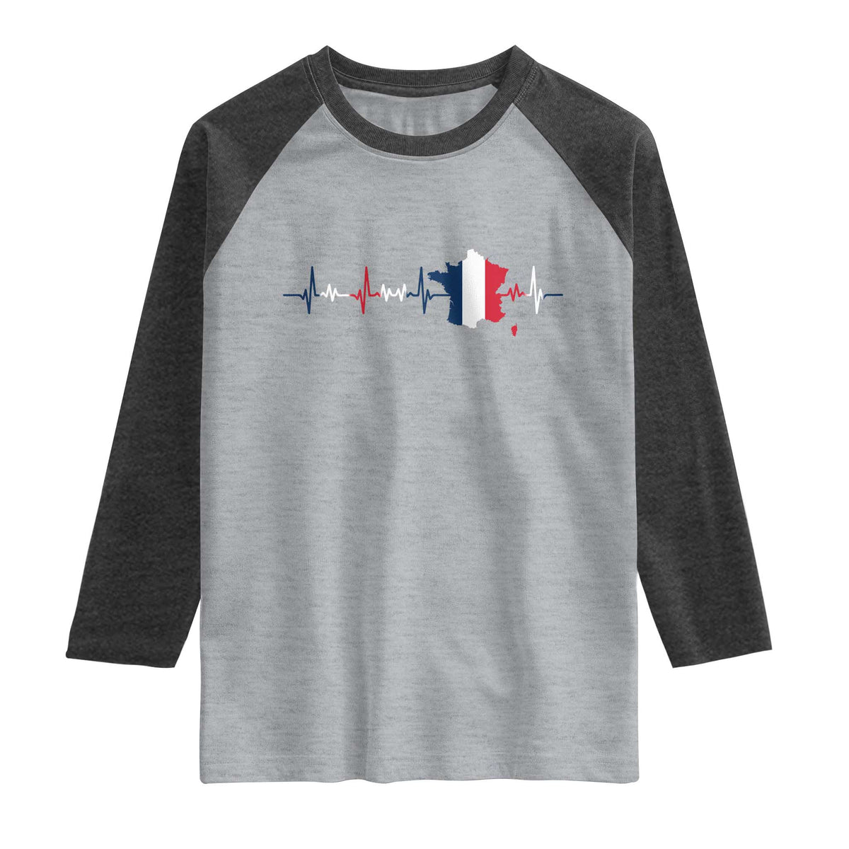 France Heartbeat EKG French Flag Map Raglan Shirt TS14 Heather Gray Heather Charcoal Print Your Wear