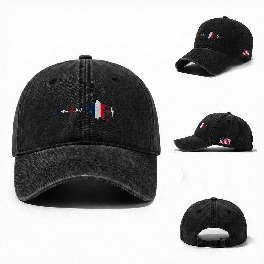 France Heartbeat EKG French Flag Map Washed Cotton Baseball Cap TS14 Washed Cap Universal Fit Black Print Your Wear