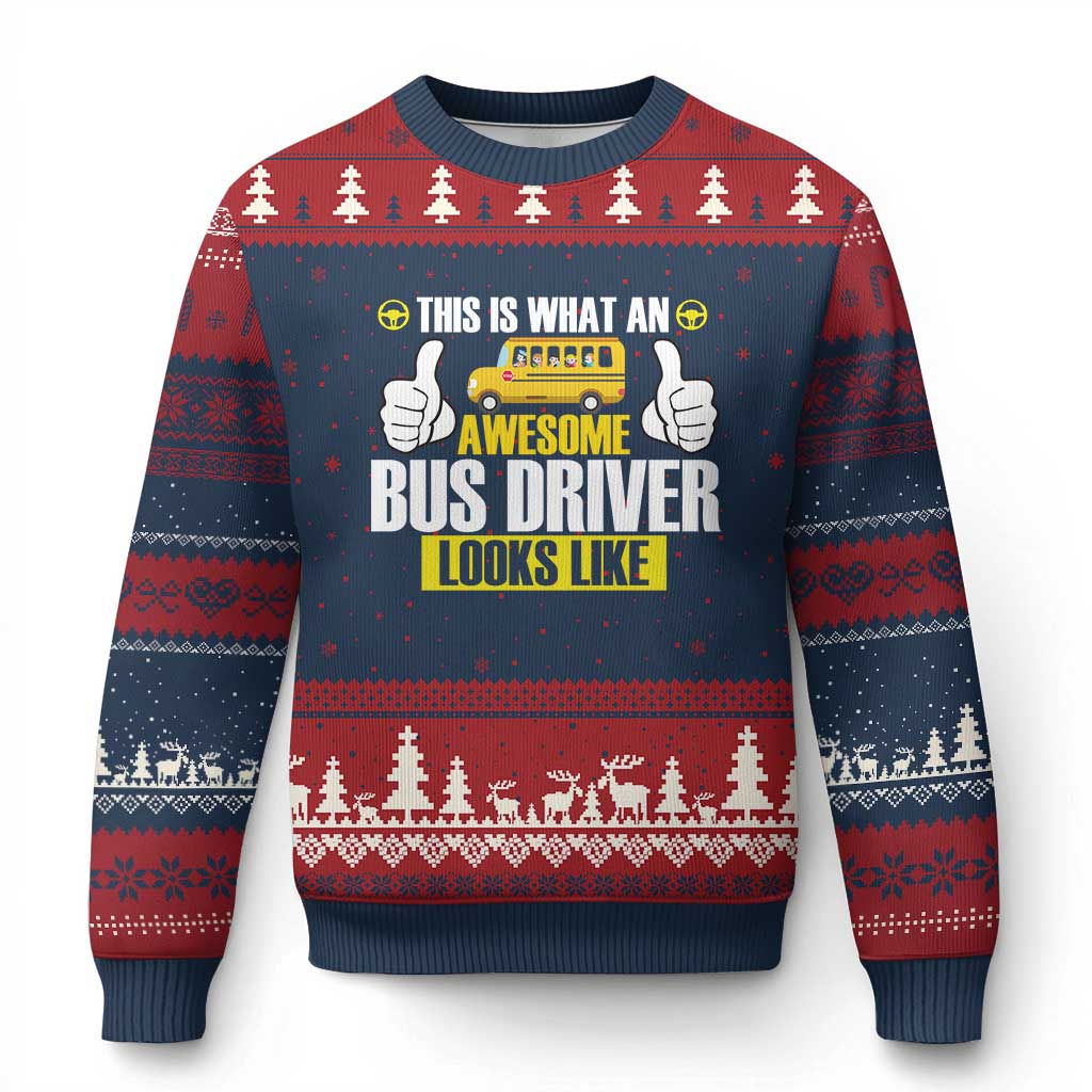 Funny School Bus Driver Ugly Christmas Sweater This Is What An Awesome Bus Driver Looks Like TS14 Navy Red Print Your Wear