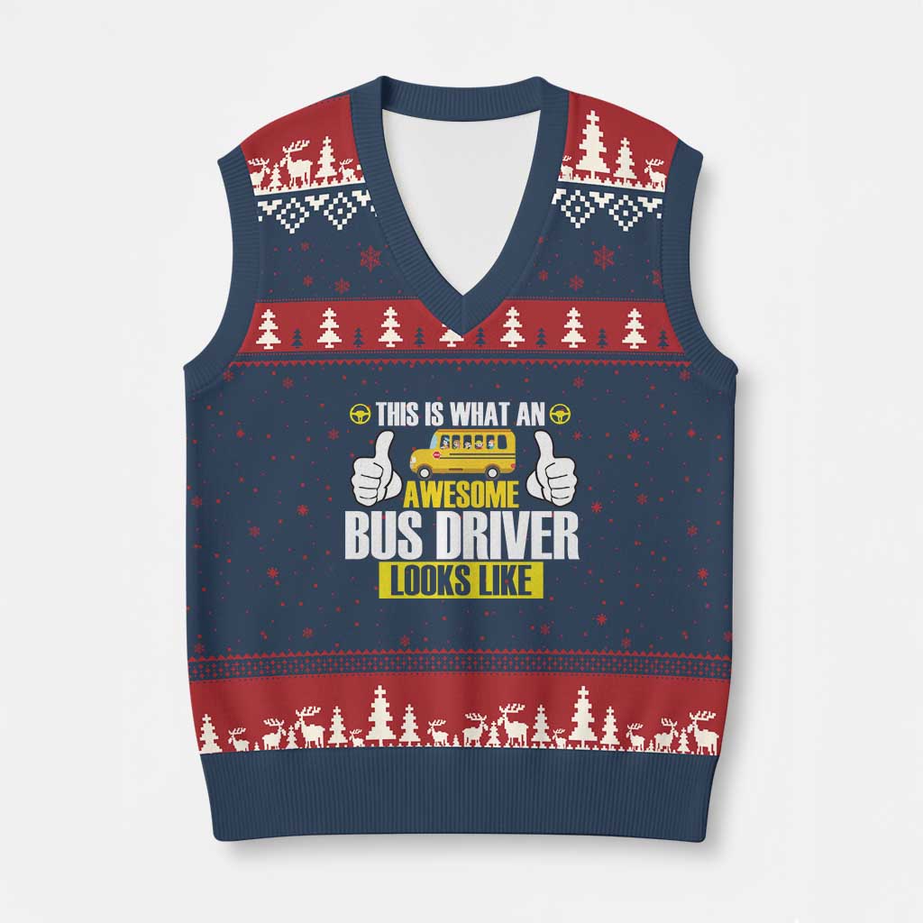 Funny School Bus Driver V-Neck Knit Sweater Vest This Is What An Awesome Bus Driver Looks Like TS14 Navy Red Print Your Wear