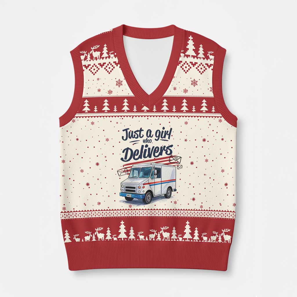 Funny Postal Worker V-Neck Knit Sweater Vest Just A Girl Who Delivers TS14 Beige Red Print Your Wear