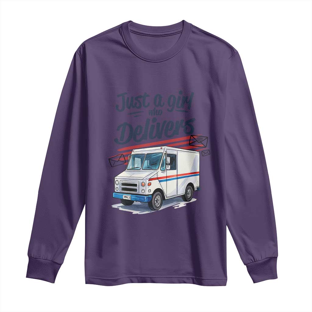 Funny Postal Worker Long Sleeve Shirt Just A Girl Who Delivers TS14 Purple Print Your Wear