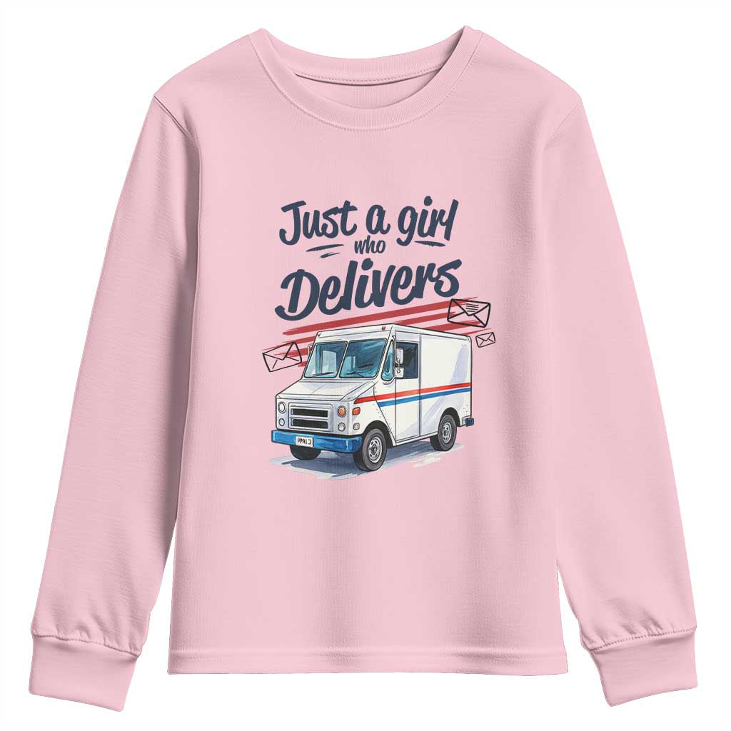 Funny Postal Worker Youth Sweatshirt Just A Girl Who Delivers TS14 Light Pink Print Your Wear