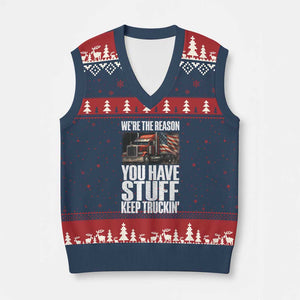 Funny Truck Driver V-Neck Knit Sweater Vest We Are The Reason You Have Stuff Keep Truckin TS14 Navy Red Print Your Wear
