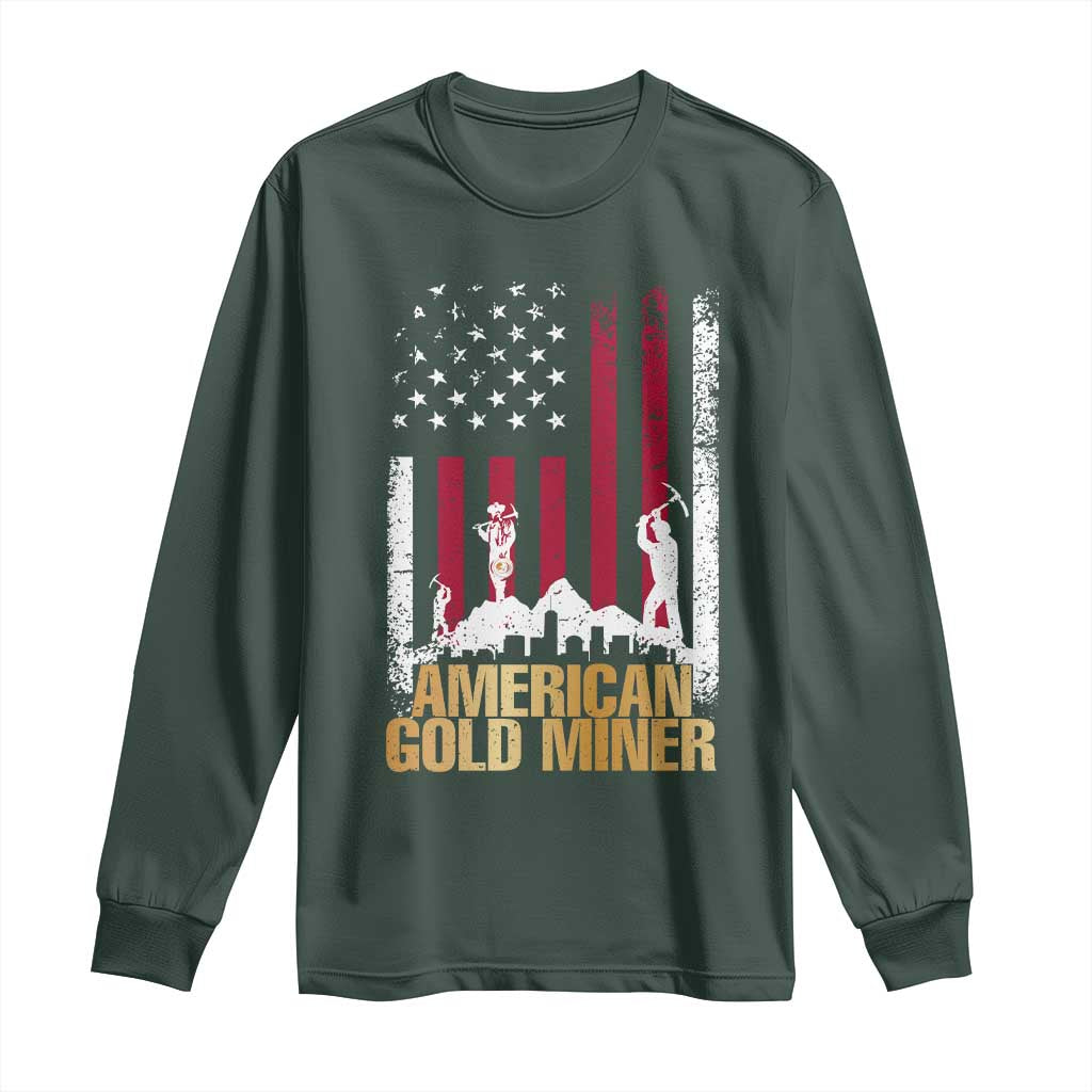 Gold Miner Patriotic American Flag Long Sleeve Shirt TS14 Dark Forest Green Print Your Wear