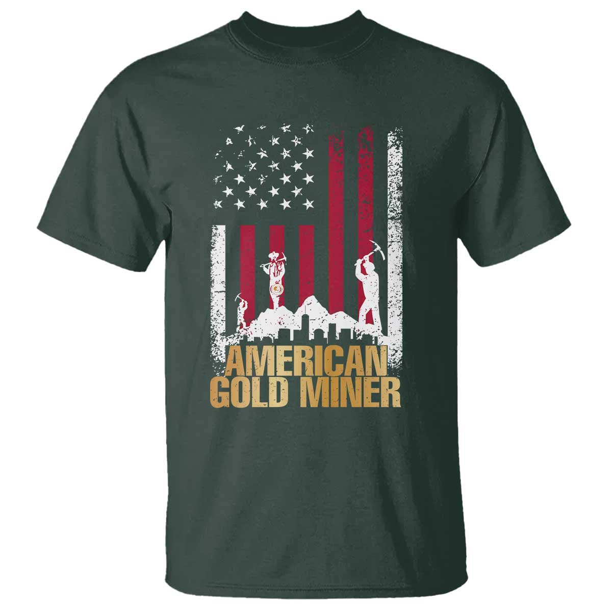Gold Miner Patriotic American Flag T Shirt TS14 Dark Forest Green Print Your Wear