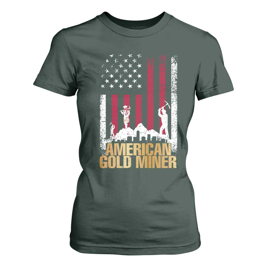 Gold Miner Patriotic American Flag T Shirt For Women TS14 Dark Forest Green Print Your Wear