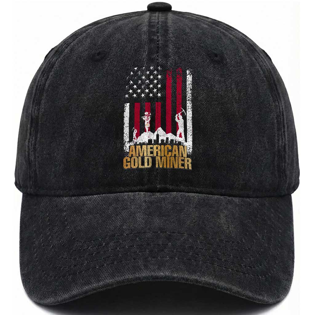 Gold Miner Patriotic American Flag Washed Cotton Baseball Cap TS14 Washed Cap Universal Fit Black Print Your Wear
