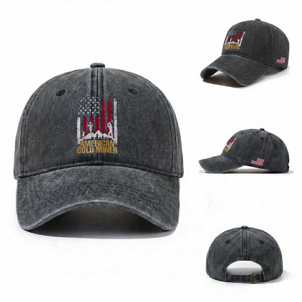Gold Miner Patriotic American Flag Washed Cotton Baseball Cap TS14 Washed Cap Universal Fit Dark Gray Print Your Wear
