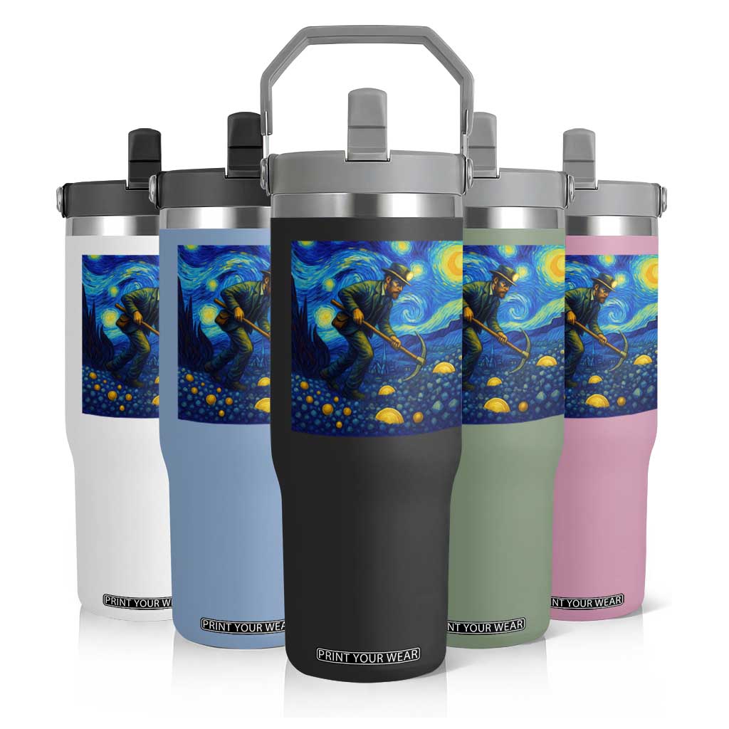Gold Miner Starry Night Van Gogh Flip Straw Tumbler TS14 Print Your Wear