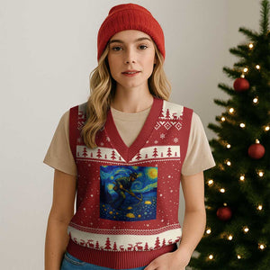 Gold Miner Starry Night Van Gogh V-Neck Knit Sweater Vest TS14 Red Beige Print Your Wear